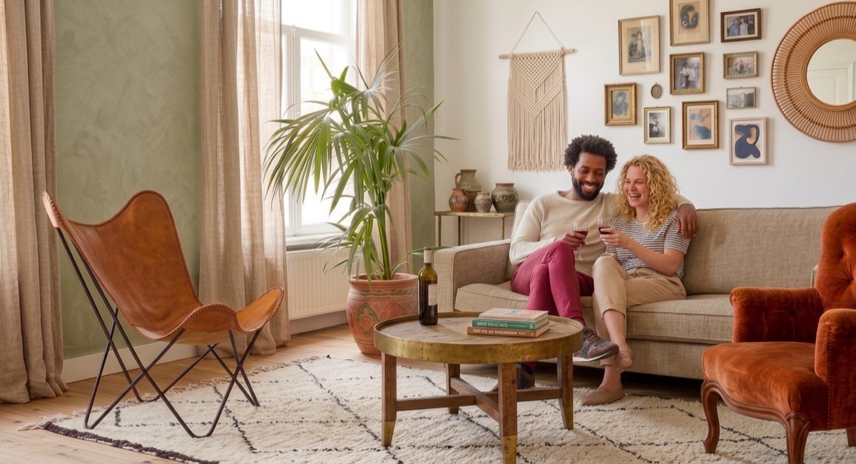 Een stel op de bank in hun nieuwe woonkamer